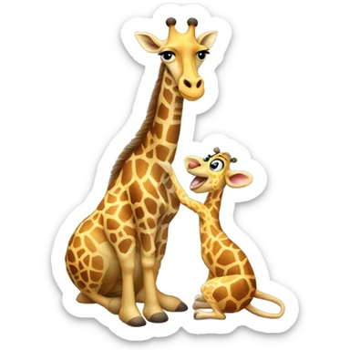 A giraffe is kneeling to propose to his mouse girlfriend. The giraffe is much larger than the mouse lady sticker