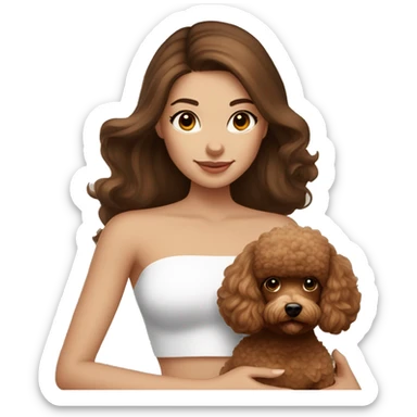 Brunette straight hair girl , in white strapless top holding a brown toy poodle sticker