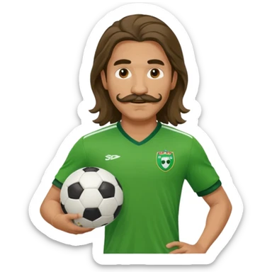 long hair man soccer player green jersey with mustache holding soccer ball sticker
