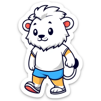 retro 1930s anthropomorphised lion in a t-shirt and shorts walking, grayscale sticker
