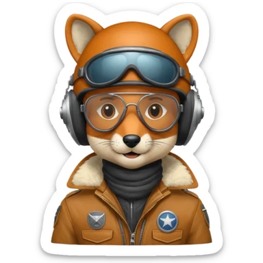 renard aviateur, casque en cuir, écharpe blanche, lunettes "climax" sur le casque au dessus des yeux, blouson aviateur sticker