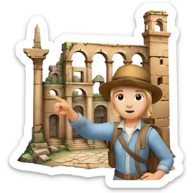 Icon for Documentary Film (TV style): A traveler pointing backward and narrating in front of ancient ruins. Include elements like historical landmarks, maps, and exploration tools to evoke a sense of adventure. Transparent background. sticker