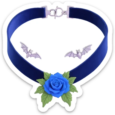 gothic choker with navy blue velvet band, silver bat charm, blue rose centerpiece, dark and gothic sticker