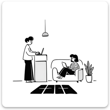 escenary 3d of a cozy mid-century living room with two people working on laptops, one man standing at a desk and one woman sitting on a couch, two walls and floor visible sticker