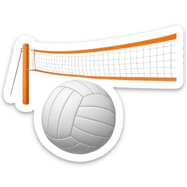 The scene captures a sunny beach atmosphere with clear blue sea and sky, palm trees swaying, and people in swimsuits enjoying the vibrant surroundings. A volleyball resting on the orange sand ground of a beach, with a volleyball net in the background.  sticker