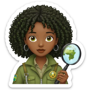 dark skin curly black haired woman in moss green explorer outfit, holding magnifying glass sticker