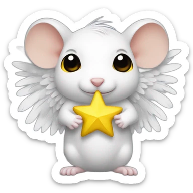 rat with white feather angel wings who is holding a yellow star sticker