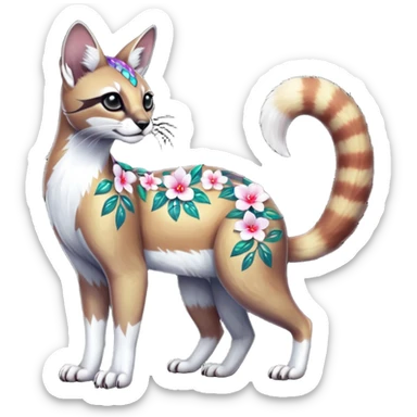Colorful dark tropical white iridescent glorious divine exotic cute cool beautiful shiny beautiful floral fantasy-caracal-civet-genet-sergal-vernid-Cacomistle-oncilla-animal-Fakémon-hybrid-fursona (full body) sticker