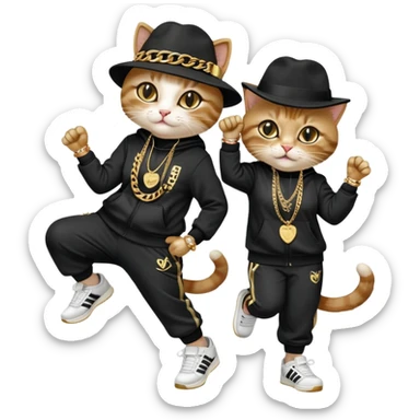 female cat dressed like Run DMC in tracksuit, fedora, Adidas shoes, lots of gold chains, rings, bracelets, earrings, dancing with a friend, no sunglasses sticker