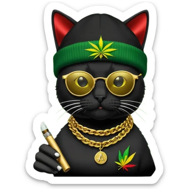 A black cat wearing the deal with it shades and a rasta beanie and smoking a joint and wearing a gold chain that says 420 and the words High Time at the top of the image sticker