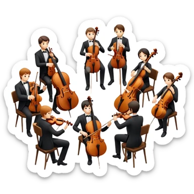 Icon for Classical Music: chamber orchestra with musicians playing string instruments (violins, violas, cellos) and a conductor leading the ensemble. The intimate, refined atmosphere. Transparent background. sticker
