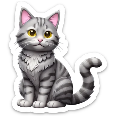 cinematic-[grey tabby cat]-realistic-full-body-sitting-emoji,-tail-curled-playfully-around-its-paws,-head-tilted-dramatically,-scruffy-[grey]-fur,-simplified-yet-realistic-focused-features,-highly-detailed,-glowing-with-an-almost-sarcastic-glow sticker