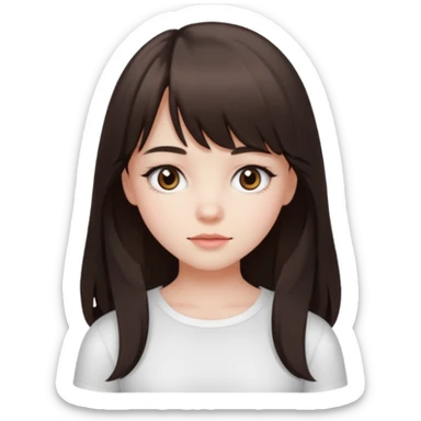 brunette girl with dark brown eyes, pale rosy skin, long hair and wispy bangs and a white top  sticker
