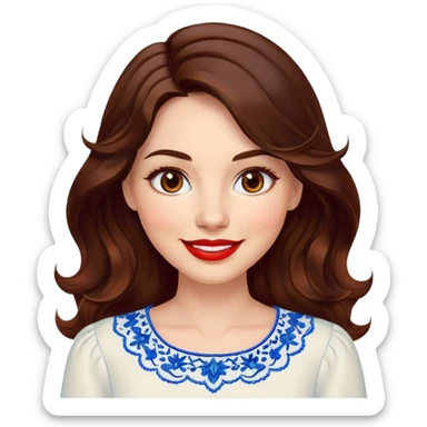 Friendly woman in her late 30s with luminous fair skin, round face, wide smile, large light brown eyes, vibrant red lips, shoulder-length dark brown wavy hair, wearing white blouse with blue embroidery and electric blue neckline sticker