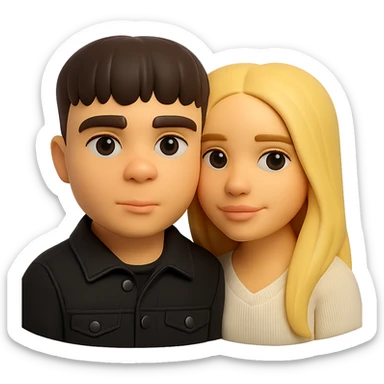 Create a 3D emoji in the Microsoft style of a guy in a black buttoned denim jacket and a girl next to him. Preserve the facial features and overall appearance of both individuals. Remove the background. sticker