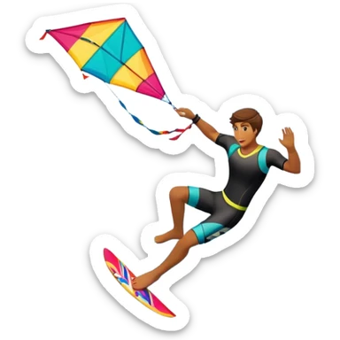 A professional kite surfer performing a high-flying trick on the waves, with a colorful kite soaring above. The background features a stunning landscape of rolling ocean waves, a bright sky, and distant mountains, emphasizing the skill and freedom of the sport. sticker