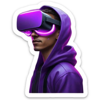Cyberpunk style. Violet neon. Man with light skin in the black hoody with violet OMG VR logo on it wearing vr headset oculus quest 2 sticker