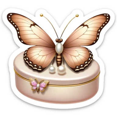 A pastel brown and mocha-colored butterfly resting on a pearl-adorned trinket box.
 sticker