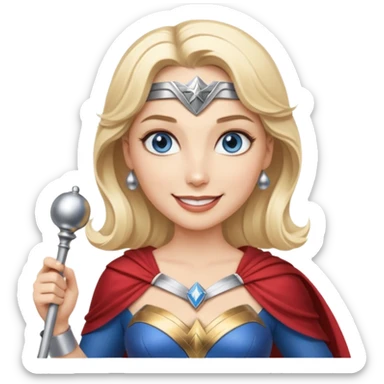Blonde blue eyes Wonder Woman holding bell and short white orchestra conductor’s baton  sticker