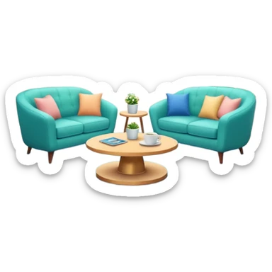 Morning entertainment TV studio, cozy talk show set with armchairs and couch, guests sitting area, round glass coffee table, warm pastel colors, green and blue lighting panels, festive decorations, friendly daytime TV atmosphere, realistic broadcast studio, no branding. sticker