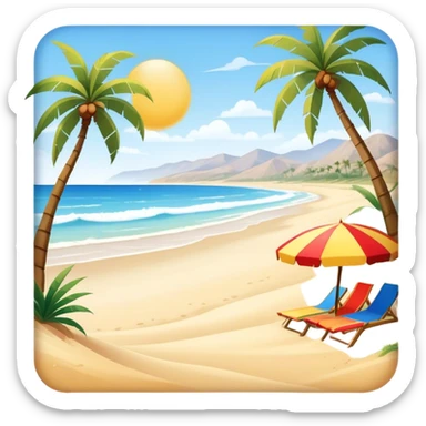 Cinematic Realistic Beach Emoji in a wooden frame, Sunny and bright, with soft golden sand stretching as far as the eye can see, gently lapping waves crashing onto the shore, and a clear, blue sky above. Palm trees sway in the warm breeze, and colorful beach umbrellas dot the landscape. Soft glowing outline, capturing the essence of a relaxed, joyful beach day filled with sun, sand, and surf! sticker
