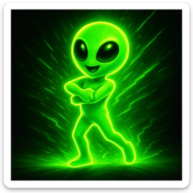 An alien dancing in neon green with an energetic pose and glowing effect, in a modern style. Emphasize the energy and neon green glow in a contemporary look. sticker