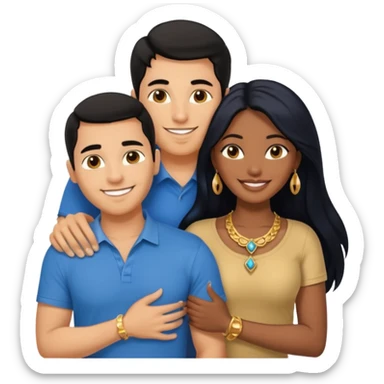 smiling embracing interracial couple from waist up. ebony woman with long hair and jewelry. brazillian man short hair wearing blue. sticker