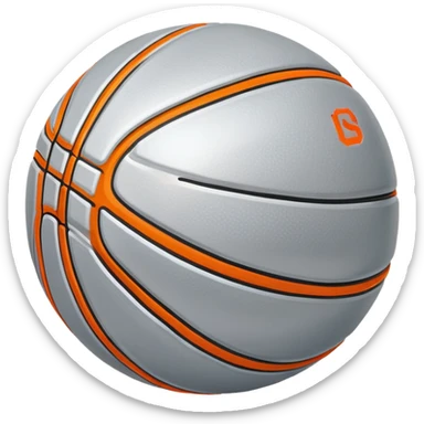 shiny silver basketball with orange seams, metallic silver material, reflective surface sticker