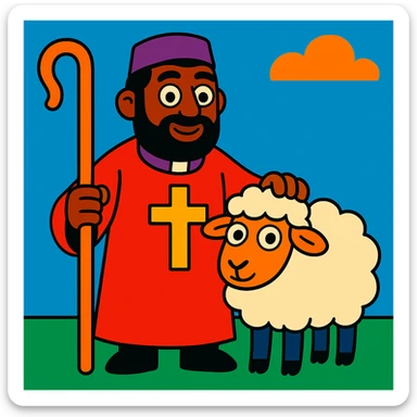 pastor con oveja, estilo cartoon vibrante, colores vivos, fondo simple sticker