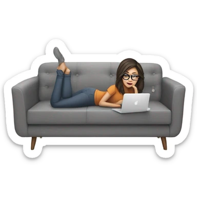 brunette girl laying on a grey couch with grey pillows with glasses on and a laptop on small table in front with coffee cup on mouse pad sticker