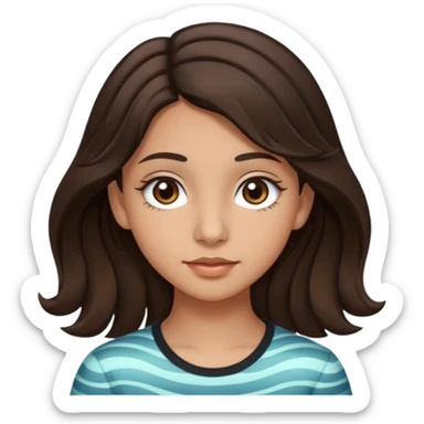 Create a emoji of a girl teen (14 years old) with dark brown hair and a little bit lighter brown in the end of the hair (but mixed) and waves in the hair with MEDIUM FAIR TO OLIVE skin tone, dark brown eyes, perfect nose, long eyelashes sticker