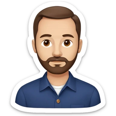 Man in his mid-50s with light skin tone. Round face with broad cheekbones. Lively brown eyes, prominent eyebrows. Full brown hair with minimal recession at temples. Brown beard covering jaw and chin. Slight smile. Wearing a navy button-down shirt. sticker