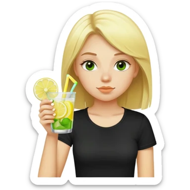 blonde girl straw drinking lemonade with one green lemon in the cup, with black watch black tshirt sticker