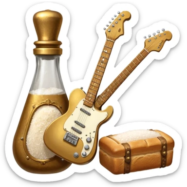steampunk victorian - a bottle of salt (salt shaker) and a loaf of peasant bread with a small electric telecaster guitar - still life composition sticker