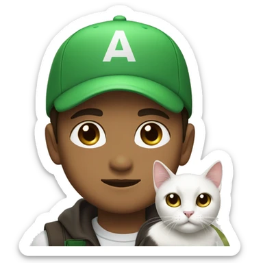 a boy in a green cap with sign “папа» with light brown skin light brown eyes and dark brown hair brown hair holds his black cat with  white muzzle and white chest sticker