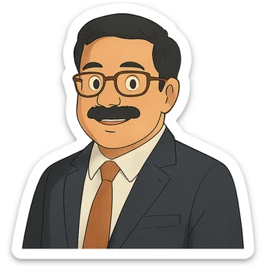 portrait of Kuldeep Bafana as a friendly Ghibli-style character, wearing business attire sticker
