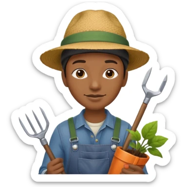 black gardener holding gardening tools, with hat sticker