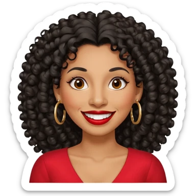 40 yr old peruvian woman, very curly long black hair, red lipstick, big smile, white teeth, brown eyes, hoop earings, side part to hair, round face sticker