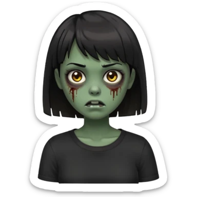 Zombie girl emoji verde escuro com cabelo curto liso preto no ombro e franja na altura da sobrancelha cobrindo completamente a testa, com uma blusa preta, olhos castanhos escuros sticker