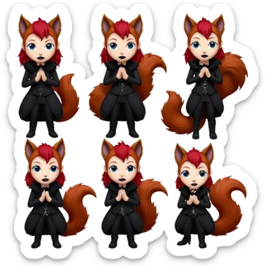  long curly red hair (darker), red pointed ears with black trim, black goth outfits, body and face human, blue eyes, more pointy chin, black lipstick, big fluffy red squirrel tail with black tips, like the attached photo with more outfits and poses,  sticker