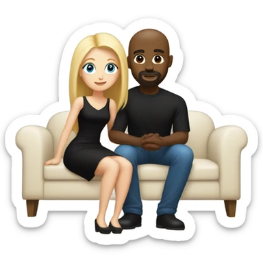 Blonde woman with blue eyes and long straight hair wearing a short black dress and a black man who is bald with a goatee seated together on a sofa enjoying a passionate embrace.   sticker