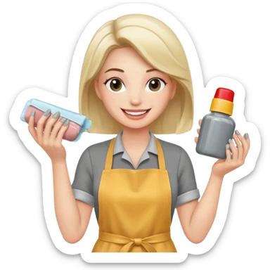 female nail master with buff and gel polish in hand in grey apron  sticker