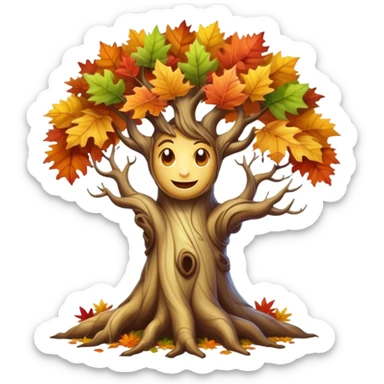 Create a mystical forest menacing creature with the ancient wisdom of a sentient tree whose twisted trunk supports a crown of vibrant autumn foliage surrounding a cheerful, sun-like face that blooms with seasonal energy.


 sticker