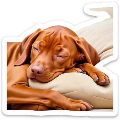 Meme-Worthy Cute Sleeping Vizsla Portrait Emoji, Head resting peacefully with a contented smile, showcasing a sleek, athletic build and a luxuriously soft rust and gold Fur, eyes shut in a serene nap, Simplified yet hilariously adorable features, highly detailed, glowing with a soft, drowsy light, high shine, relaxed and utterly lovable, stylized with an air of playful laziness, bright and heartwarming, soft glowing outline, capturing the essence of a comically sleepy companion, so meme-worthy it feels like it could instantly become the next viral sensation of adorable slumber! sticker