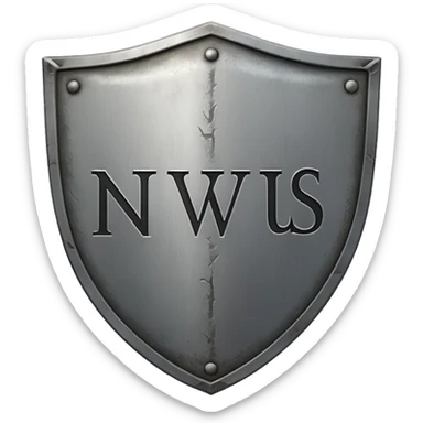 a steel shield with engraved roman letter NOVUS—looks battle worn sticker