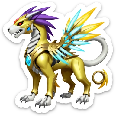 Colorful Skeletal masked armored Solgaleo-Raikou-Pokémon-Digimon-Fakémon-fusion-hybrid-creature, full body sticker