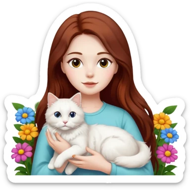 A woman with long dark auburn hair holding a white ragdoll cat in the garden of flowers sticker