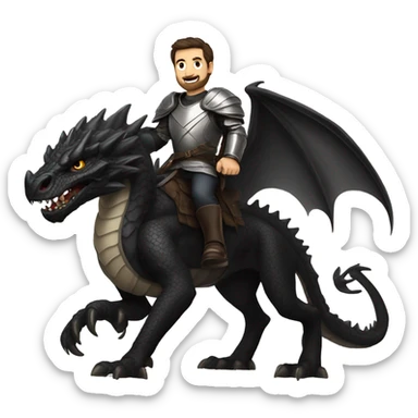Confident armored White Man with dark brown hair and a short beard riding on the back of a giant black dragon sticker