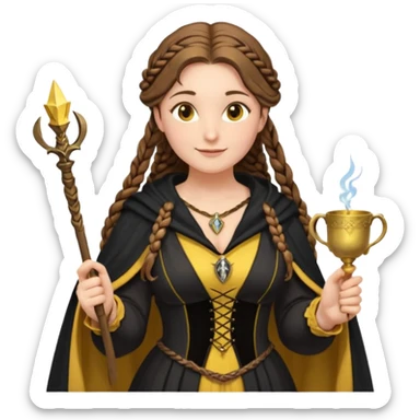 Helga Hufflepuff, brown-haired, 2 long brown braids, yellow-black medieval dress, deep neckline, black cloak decorated with gold braiding, small magic wand made of wood, tiny two-handled shiny yellow-gold cup, very kind smile, curvy busty sweet woman, macromastia, thick round rosy cheeks sticker