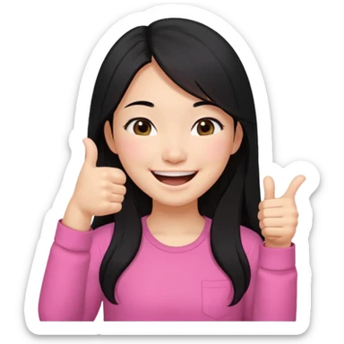 a girl genuinely feeling happy so so so much laughing so hard with her eyes folded long black hair asian girl on a pink shirt with her thumb up sticker